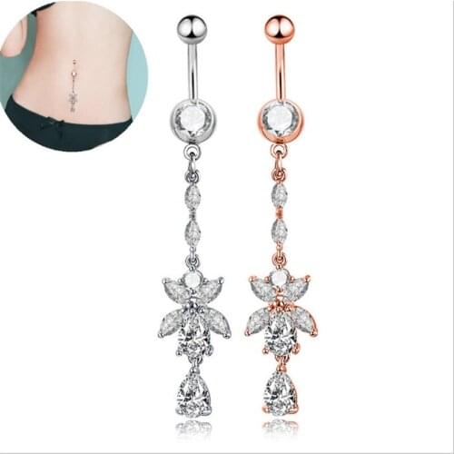 Hot Rose Gold Dangle Navel Rings Cubic Zirconia Crystal Navel Bars Women Fashion Belly Button Ring Piercing Body Jewelry