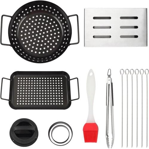 GOOD HELPER Grill Wok and Grill Grid, Smoker Box, Barbecue Tongs, Hamburger Press, 6 PCS Skewers and Silicone Brush