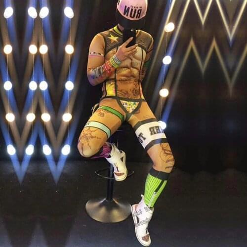 Mens muscular sexy color sports baseball printed elastic jumpsuit bar nightclub concert singer dancer costume