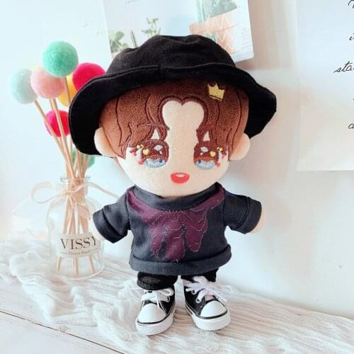 Wang YiBo Black Printed T-shirt Pants Suit 20cm Doll Dress Up with Hat Doll Clothes Suit Muppet Christmas Gifts