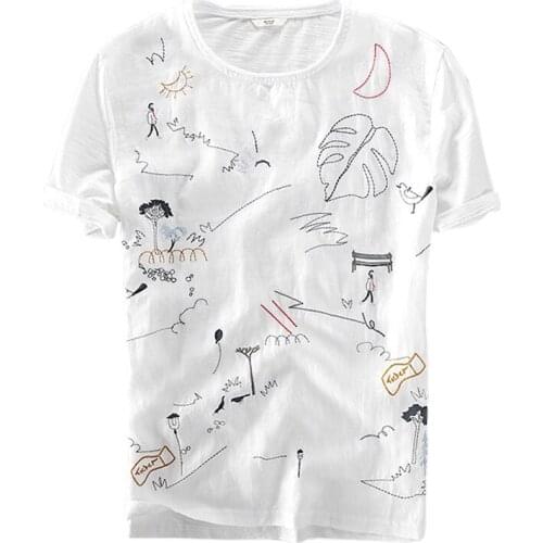 Summer Short Sleeve T-Shirts Mens Casual Cotton Linen Splicing Tee Cartoon Embroidery Adult Amusing Tshirt Tops Y578