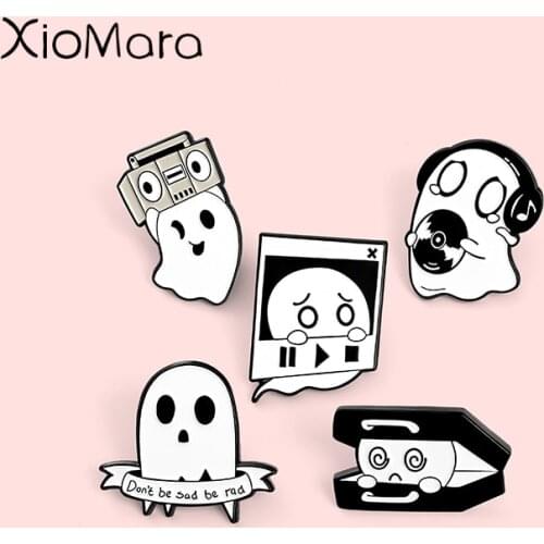 Cartoon Cute Ghost Enamel Pins Custom Ghost Music Cd Box Brooch Lapel Pin Badge Bag Funny Jewelry Halloween Gifts For Women Kids