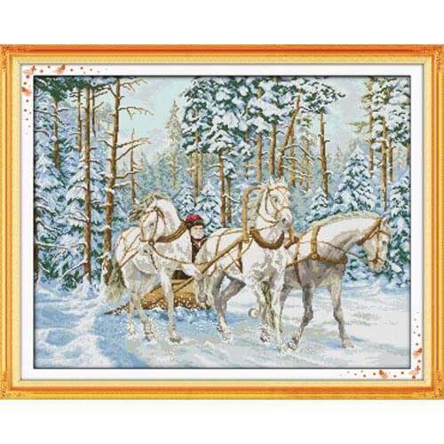 The cart go through the snow cross stitch kit 14ct 11ct count printed canvas stitching embroidery DIY handmade needlework