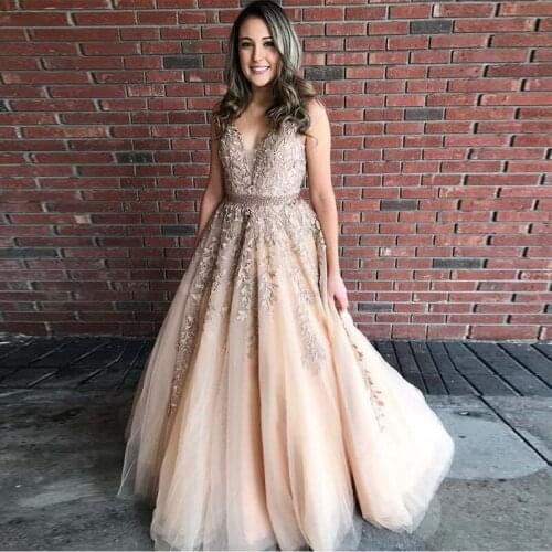 New Arrival Evening dress V-neck Sleeveless Tulle Skirt Appliques Formal Party Dresses Backless Floor Length Vestidos De Formal