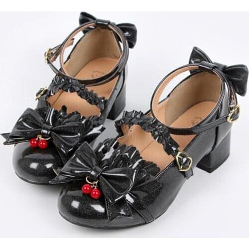 Cosplay Lolita Love Bowknot Princess Kawaii Girl Women Shoes Vintage Sweet Lolita Middle Heel Cos PU Lovely Loli Shoes