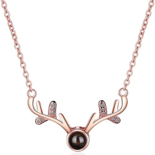 Sole Memory 100 Languages I Love You Hot Projection Visible 925 Sterling Silver Clavicle Chain Antlers Necklace SNE424