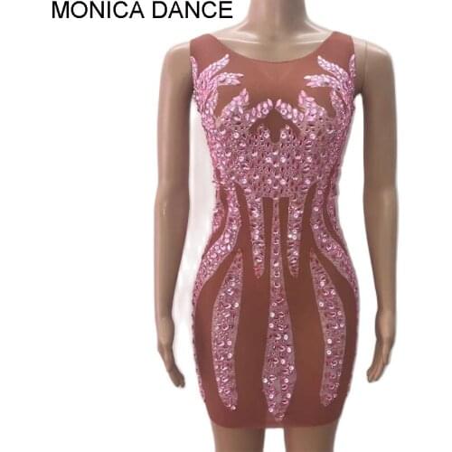 Sexy Summer Pink Rhinestones Sleeveless Dress Glisten Stretch Stones Costume Birthday Celebrate Singer Dance Evening Dress