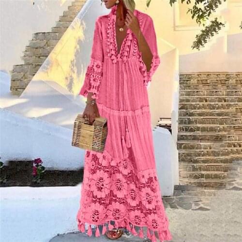 Femme 2021 Summer Robe Long Sleeve Dress Fashion Bohemian Party Vestido Women V-Neck Solid Color Lace Tassel Oversized Dresses