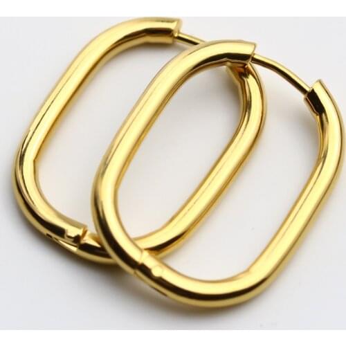 Simple Design Geometric Rectangular Lock Buckle Stainless Steel Gold Color Oval Shape Small Hoop Earrings Women Party Jewelry