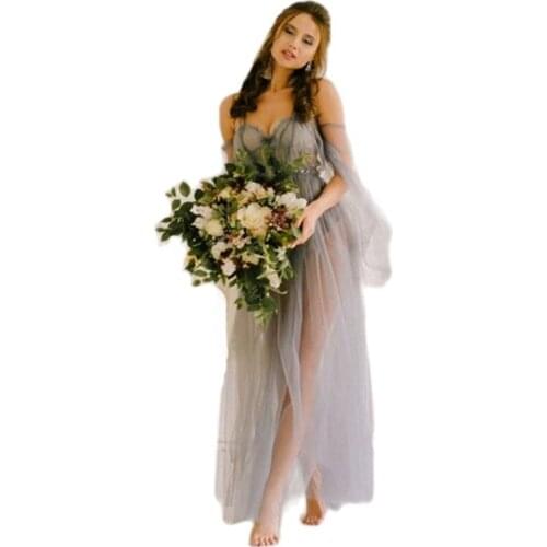 Grey Bridal Boudoir Gowns Long Sleeve Wedding Sleepwear Bathrobes Nightgowns Robes Bridal Women Dress Kimono Ruffled