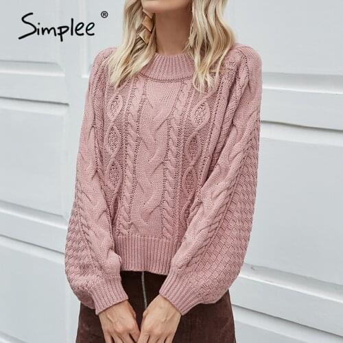 Simplee Elegant pink solid women knitwear winter 2020 sweater pullover sweaters long lantern sleeves pullover hollow out sweater