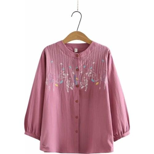 Womens oversize shirt mandarin collar floral embroidery cotton tops women 2021 Casual spring autumn Navy yellow pink Blouses