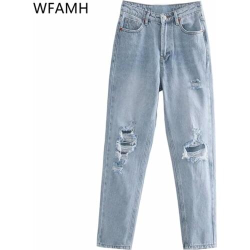 2021 spring new fashion hole decoration loose straight comfortable high waist jeans women Polyester Pockets Zipper Fly Light