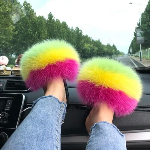 Fluffy Slides Real Fox Fur Flip Flops Women Indoor Outdoor Sandals Fur Slippers