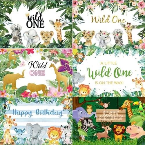 Animal Jungle Safari Wild One Photo Backdrop Happy Birthday Party Baby Shower Photography Background Booth Prop Decor Banner