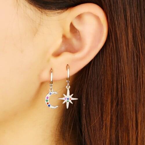 2020 Mothers Day Gifts Starburst Dangle Earrings Pave Rainbow Cz MOON North STAR Geometric Design Gorgeous Gold Charm Jewelry
