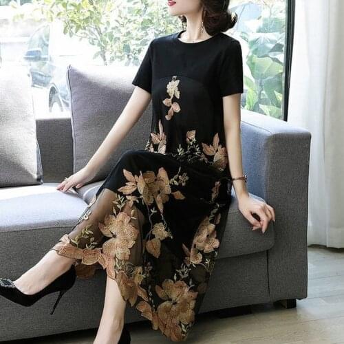 2021 Summer Middle-aged Female Vintage Party Dress Splicing Embroidered Mesh Dresses Plus Size Women Clothing Vestidos Y808