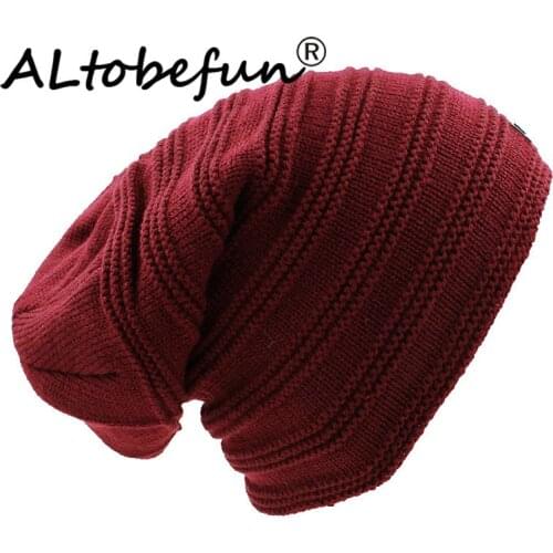 ALTOBEFUN Mens Faux Fur Warm Baggy Knitted Skullies Bonnet Winter Hat Striped Design Beanie For Women Men Winter Hat Cap BHT036