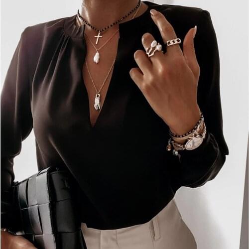 Women Sexy Deep V neck Blouse and Tops Long Sleeve Solid Inside Casual Office Lady Shirts 2020 New Fashion Autumn Women Tops