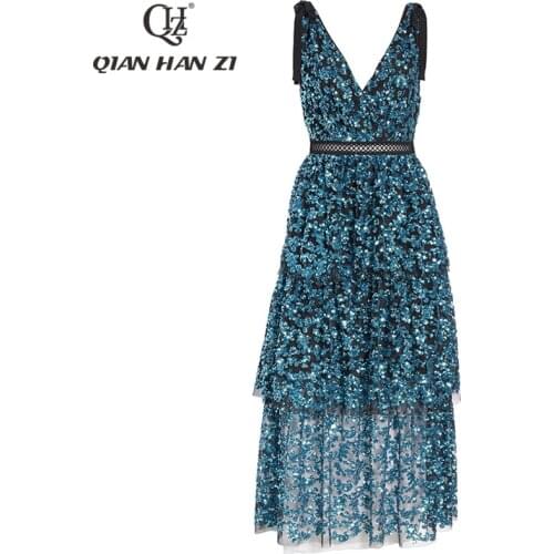Qian Han Zi 2020 new Fashion Designer 2019 new arrive Deep V Sequined Women Dress Party Dress Backless Sexy Midi Runway Dresses