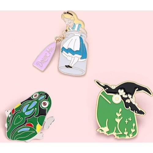 Sleepwalking wonderland Alice golden hair girl Enamel Brooch The Frog Prince Lapel Pin Drink me woman Jumping Frog badge pins