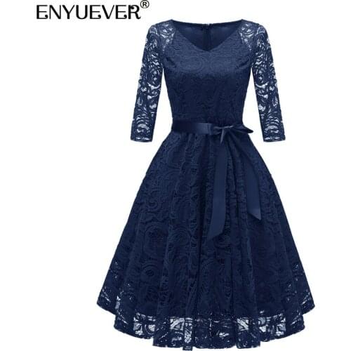 Enyuever Christmas Party Dresses For New Year 2021 Long Sleeve V Neck Swing Robe Pin Up Women Lace Dress Formal Clothes Vestidos