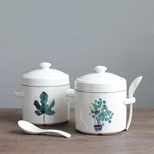 Ceramic Stew Pot Binaural with Lid Water Stew Pot Birds Nest Steamed Egg Multi-function Soup Bowl Home Kitchen Supplies