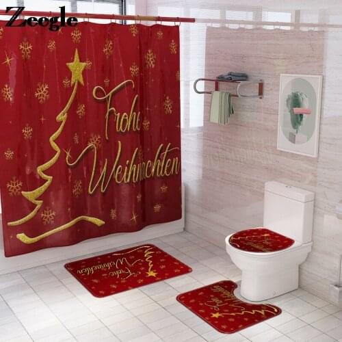Classic Christmas Home Decor Bath Mat and Shower Curtain Set Bathroom Carpet Toilet Seat Cover Mat Bathroom Non-Slip Floor Mat