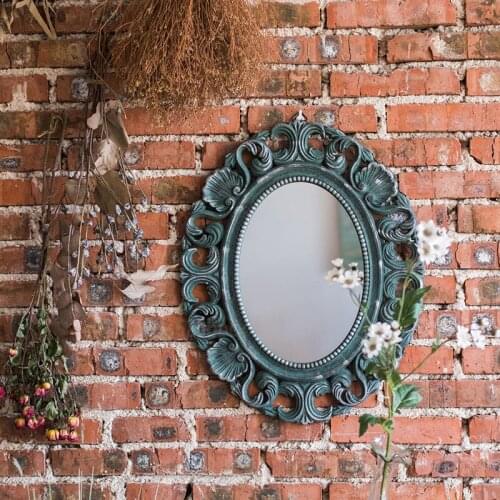 Classical Carved Mirror Oval Handmade Wall Hanging Hollow Out Mirror Antique Blue Classic Dressing Mirror Foyer Porch Decorative