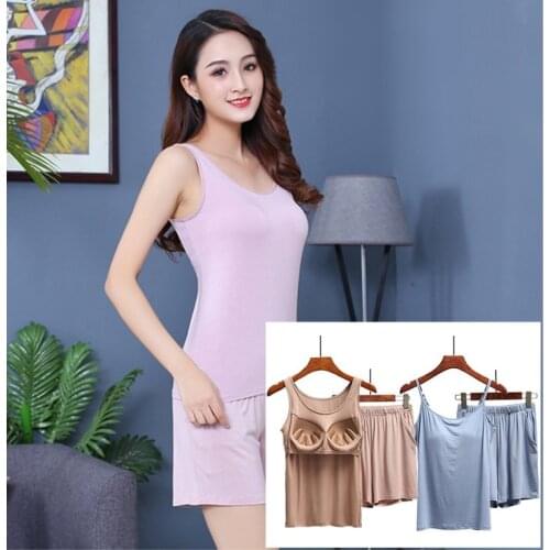 Modal belt chest pad camisole t-free bra five-finger gather cup shorts yoga pajamas two-piece suit