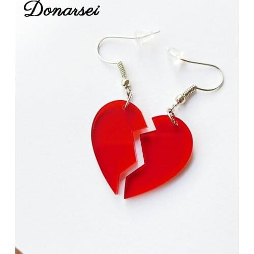 Donarsei Fashion Red Broken Heart Acrylic Earrings For Women Asymmetric Spliced Heart Dangle Earrings Love Couple Jewelry