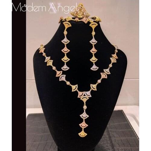 ModemAngel NEW Luxury Flower 4pcs African Cubic Zircon CZ Nigerian Jewelry sets For Women Wedding Dubai Gold Bridal Jewelry Sets