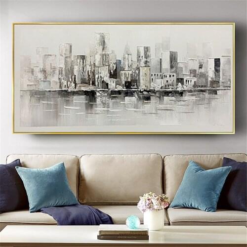 Hand Pained Gray Black City Wall Art On Canvas Manhattan Wall Canvas Oil Painting Mural Decoration For Living Room Home Decor