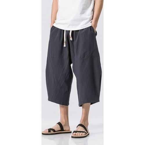 2021 New Summer Chinese Style MenS Baggy Harem Pants Capris Trousers Male Streetwear Joggers Solid Cotton Linen Capris 30699