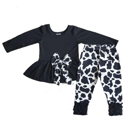 2021 Fall winter cow pattern girl kids boutique clothing hot sell farm girl outfit black cotton with matching super cute bow