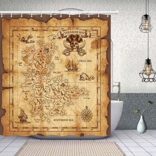 Island Vintage Old Map Pirate Ship Bath Curtain