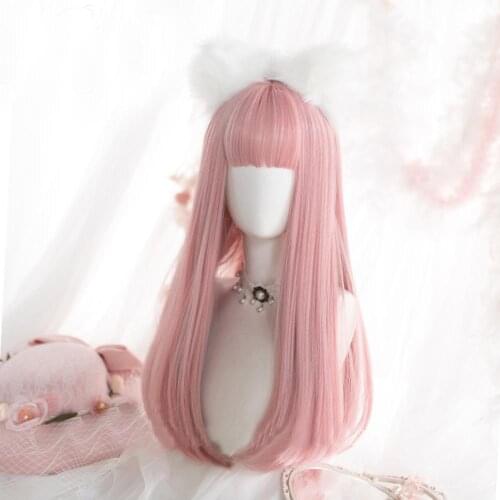 CosplayMix 55CM Lolita Heat Resistant Japan Cute Long Straight Hair Pink Cosplay Wig Anime Party Synthetic Bangs+Cap