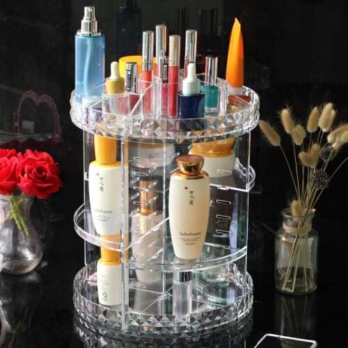 Clear Acrylic Makeup Organizer Dress Table Storage shelf 360 Degree Rotating Cosmetic Storage Box Diamond Pattern Fashion Case