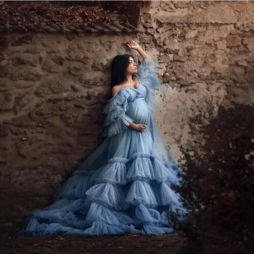 Fluffy Sleeves Tulle Maternity Dresses Blue Women Long Ruffle Dresses Photo Shoot Baby Shower Party Prom Dress Off Shoulder
