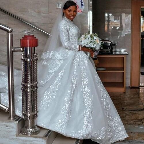 Robe De Mariage Muslim Wedding Dress 2022 Ball Gown Tulle High Neck Full Sleeves Lace Appliques Court Train Africa Bridal Gown