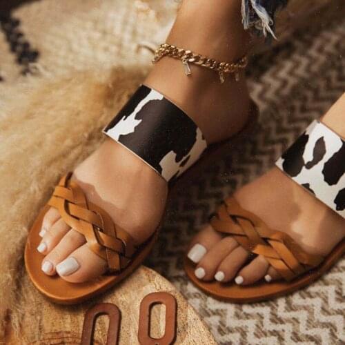 Summer Women Weaving Slippers Pu LeatherAnimals Print Flat Heel Two-layer Slides Beach Outdoor Sandals Luxury Sexy Ladies Shoes