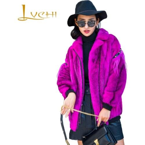 LVCHI Winter2017 Turn Down Natural Real Mink Fur Coat Womens Long Sleeve Jacket Coat Purple Back Tassel Short Thick Mink Coats