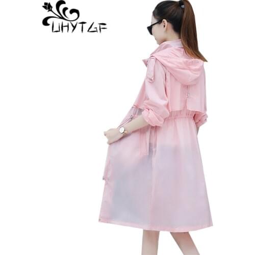 UHYTGF Summer top Womens Breathable thin Sun protection clothing Fashion stitching Hooded long windbreaker jacket Plus size 185