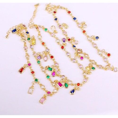 6PCS, Gold fashion jewelry round square cz tear drop dangle charm chain women Bracelets