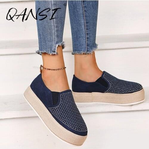 Autumn Casual Flat Platform Shoes for Women Slip on Suede Womens Canvas Shoes Round Toe Rhinestone Womens Vulcanize Shoes