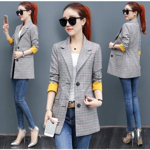 Fashion New Autumn Female Long Casual Plaid Blazer Women Khaki Suit Blazer Jacket Work Office Long Sleeve Business Suit Coat