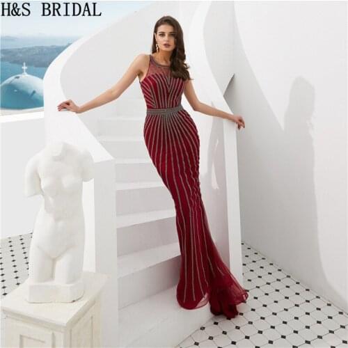 H&S Bridal Luxury Beading Evening Dresses Long Mermaid Burgundy Women Party Evening Gowns