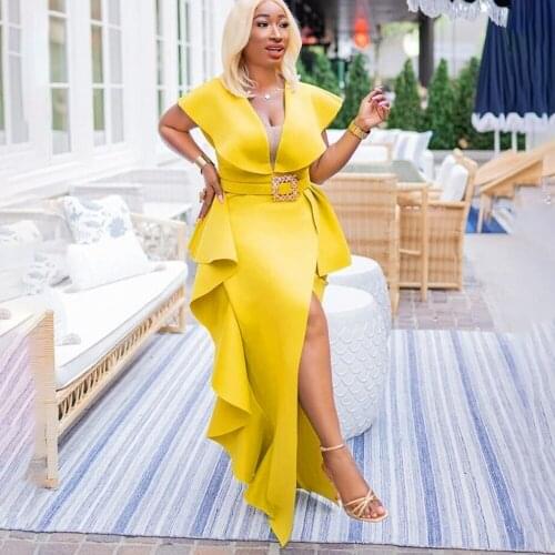 Elegant Women Party Prom Dresses 2021 High Slit Wrap Dress Ruffles Irregular Sexy Classy Ladies Evening Birthday Outfits