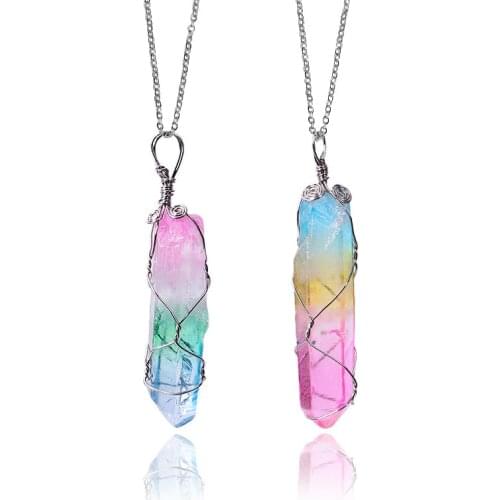 1pc Rainbow Natural Rough Stone Wire Wound Hexagonal Prism Crystal Pendant Transparent Multi-color Healing Reiki Necklace Random
