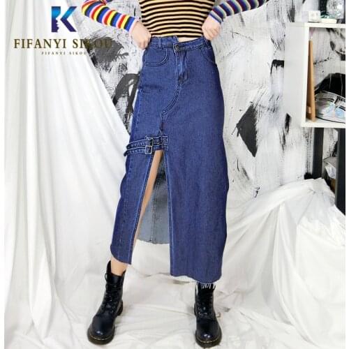 2020 Women Mid Long Denim Skirt Fashion Front Split High waist Skirts Women Streetwear Washed Blue A-Line Jeans Skirts Female
